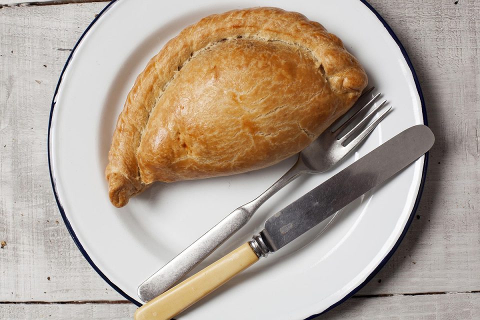 Freshly served pasty ready to be eaten at Crantock Bakery in Cornwall.