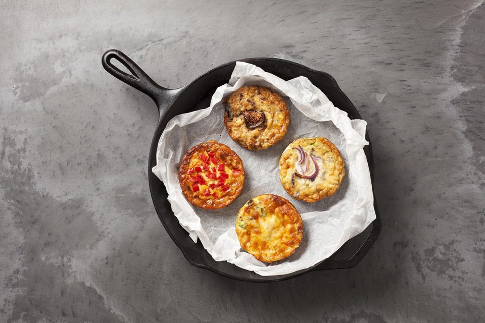Photo of four quiches of various flavours made by Crantock Bakery in Cornwall