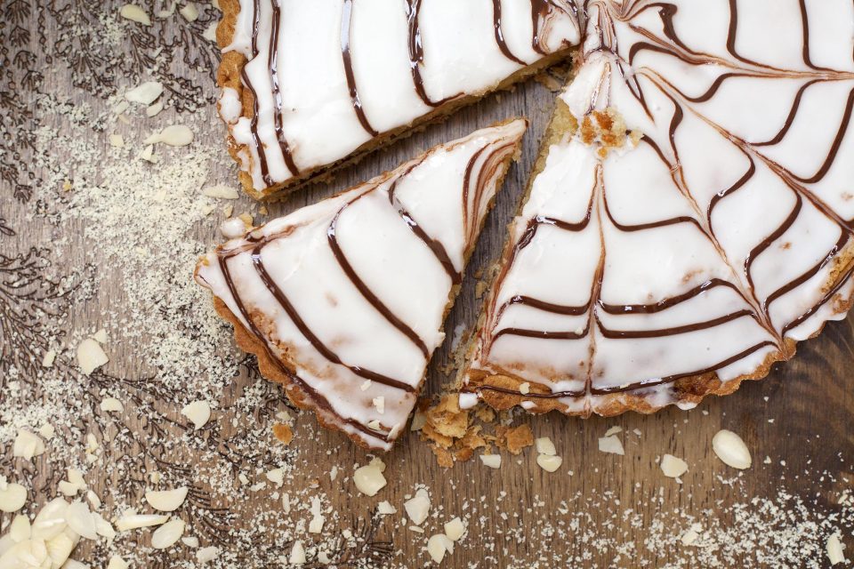 Iced cake cut into slices