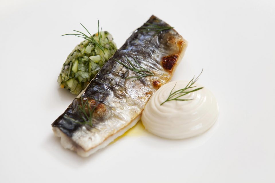 Grilled mackerel, oyster mayonaise and cucumber chutney by Tom Brown at The Capital